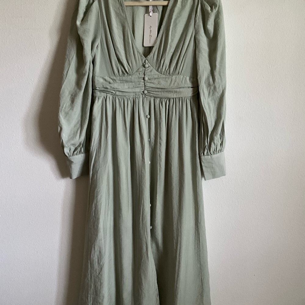 Anthropologie By the River Long Sleeve Stripe Sage Green Midi Dress Small
